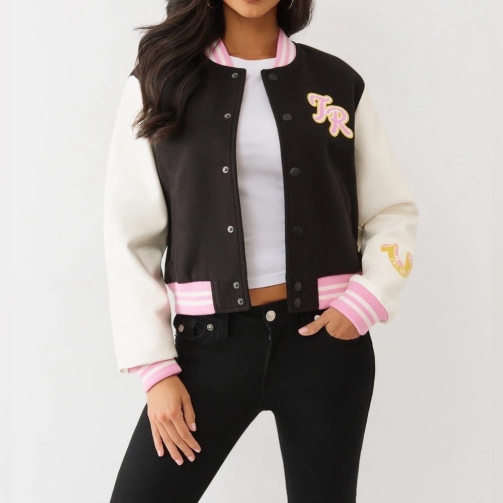 True Religion Black and White Varsity Jacket with Pink Accents